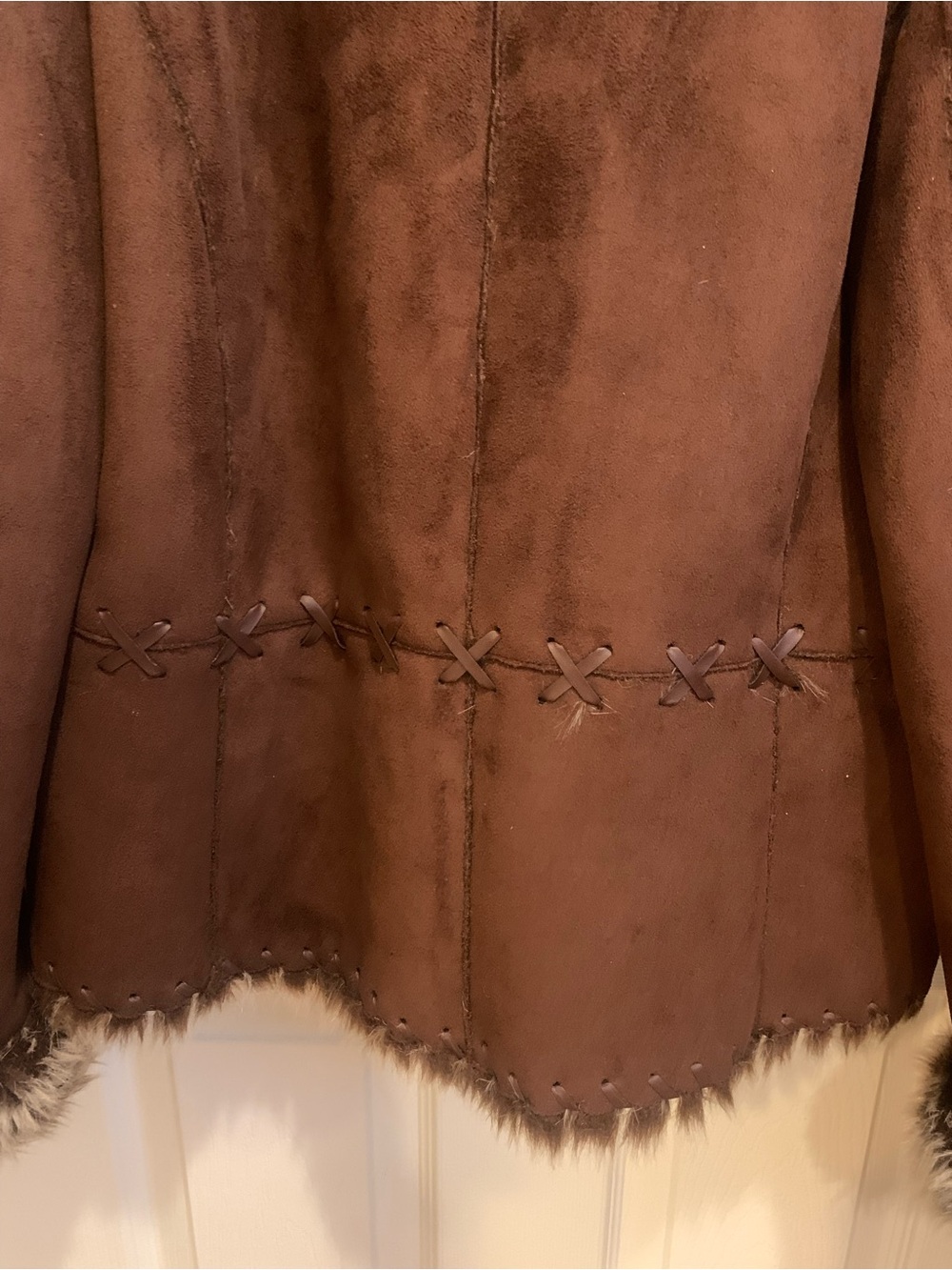 Brown Faux-Shearling Trim Suede Jacket - Women - Picture 8 of 9